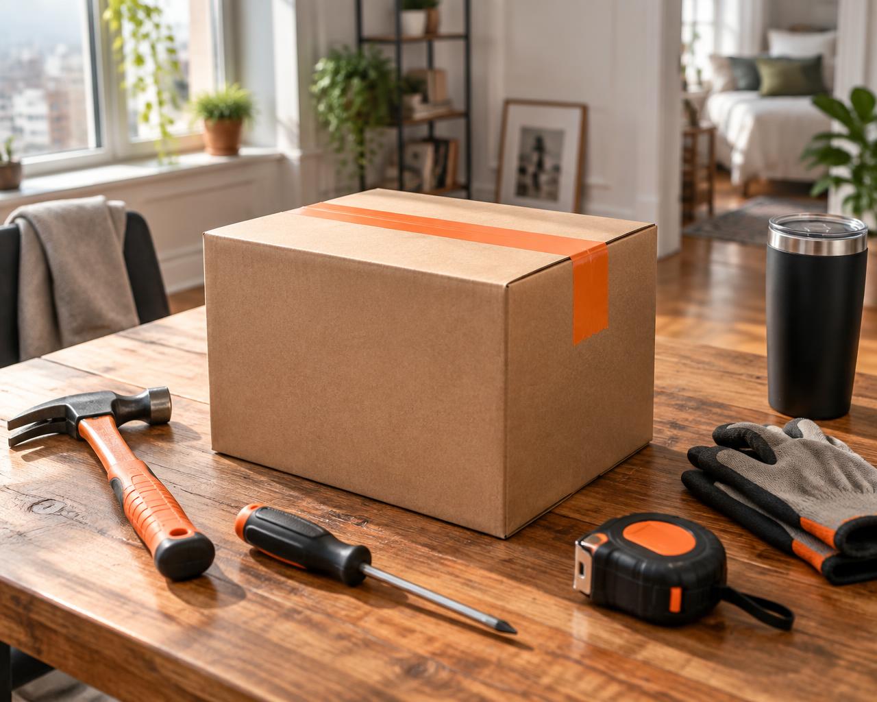 A kraft GTFO Box with orange tape on a workbench surrounded by a hammer, screwdriver, tape measure and work gloves