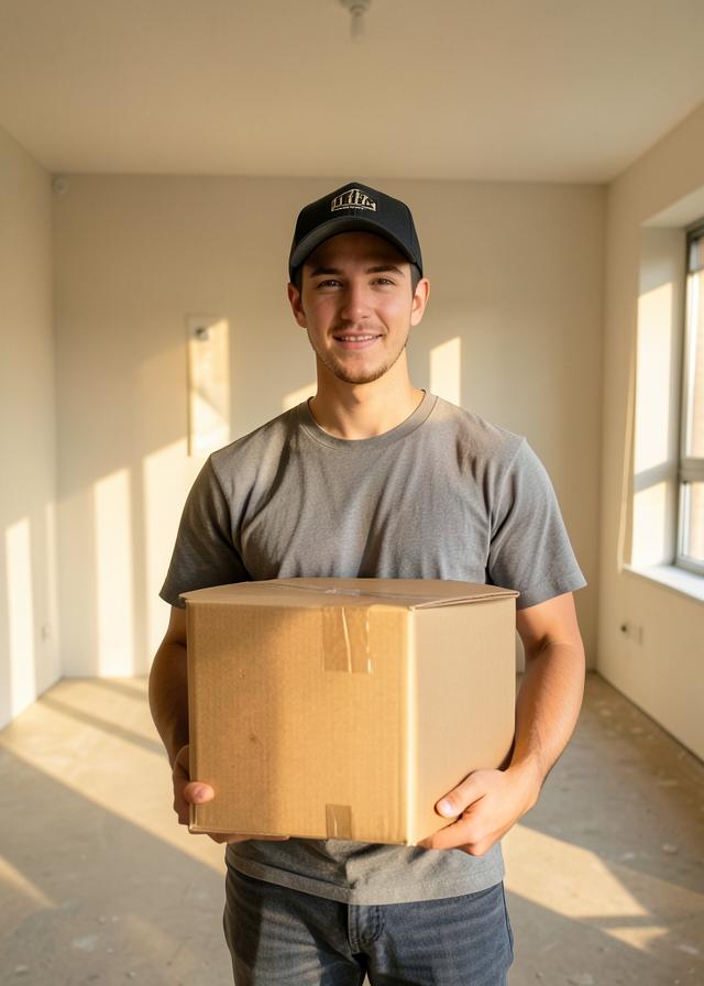 Young man carrying a box into his first rental